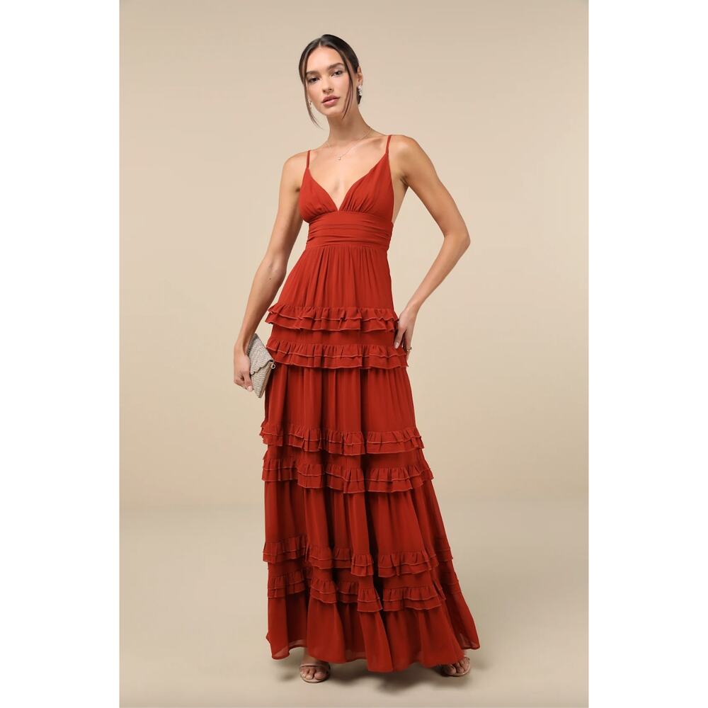 Lulu's Rust Red Ruffled Maxi Dress